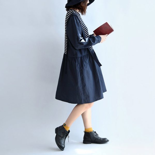 autumn cotton patchwork knit striped dresses oversize elastic waist long sleeve mid dress - Image 3