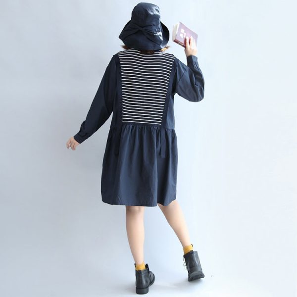 autumn cotton patchwork knit striped dresses oversize elastic waist long sleeve mid dress - Image 4
