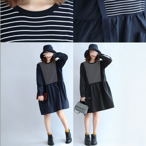 autumn cotton patchwork knit striped dresses oversize elastic waist long sleeve mid dress - Image 5