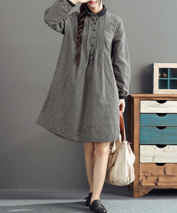 autumn gray grid cotton dresses plus size casual long sleeve lapel thick dress