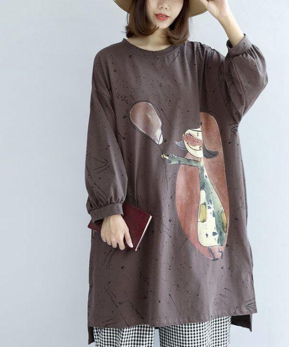 autumn warm khaki cartoon print cotton dresses plus size lantern sleeve pullover dress