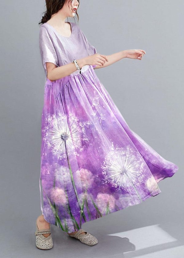 Natural Purple Pockets Short Sleeve Robe Cotton Linen Dresses - Image 7