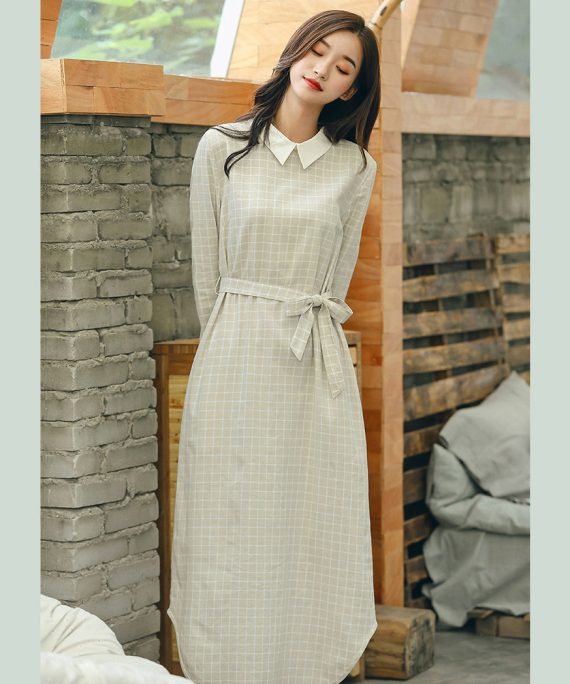 baggy Plaid plus size Turn-down Collar A line skirts gown 2018 tie waist autumn dress