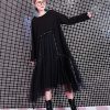 baggy black casual fall dresses patchwork tulle asymmetrical design women O neck Rivet knee dresses