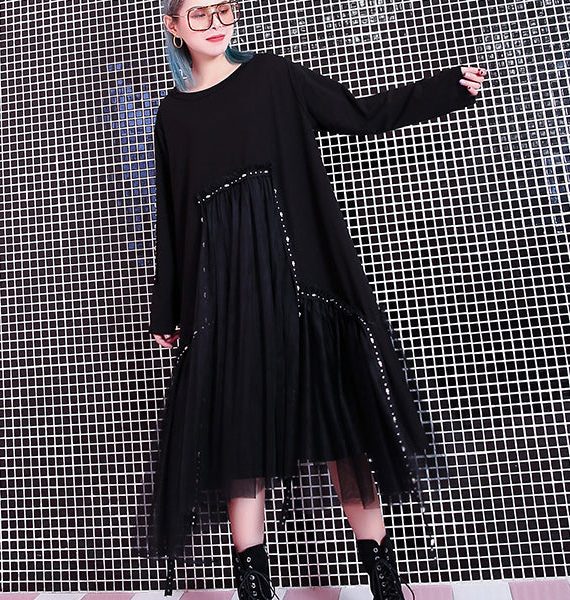 baggy black casual fall dresses patchwork tulle asymmetrical design women O neck Rivet knee dresses