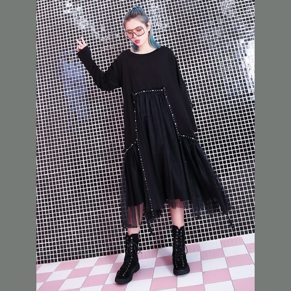 baggy black casual fall dresses patchwork tulle asymmetrical design women O neck Rivet knee dresses - Image 2