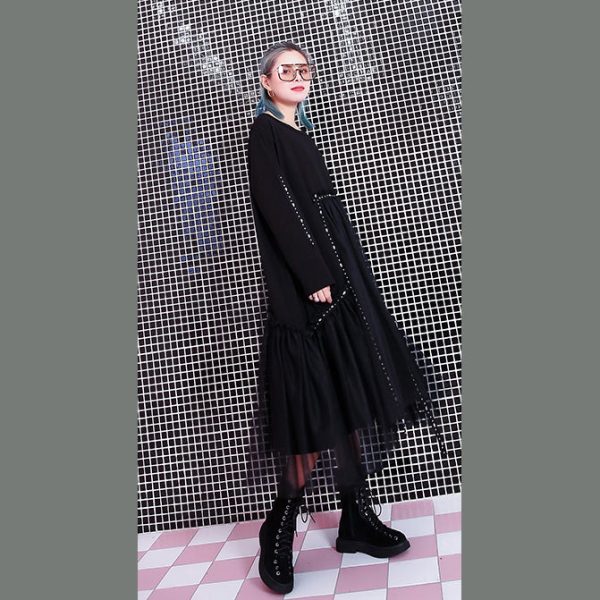 baggy black casual fall dresses patchwork tulle asymmetrical design women O neck Rivet knee dresses - Image 3