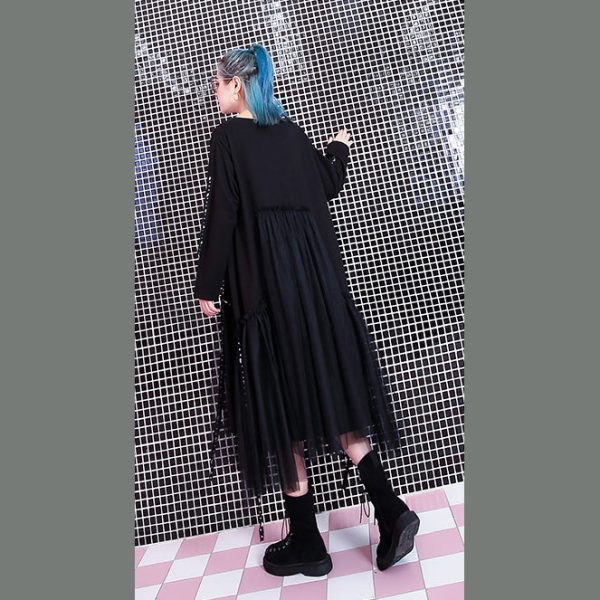 baggy black casual fall dresses patchwork tulle asymmetrical design women O neck Rivet knee dresses - Image 4