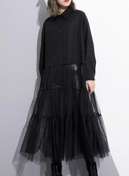 Baggy Black Cotton Dress Casual Patchwork Tulle Clothing Dresses New Lapel Collar Kaftans