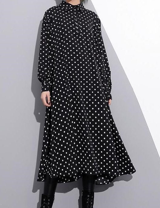 baggy black silk dresses plus size dotted silk clothing dress New stand collar cotton caftans