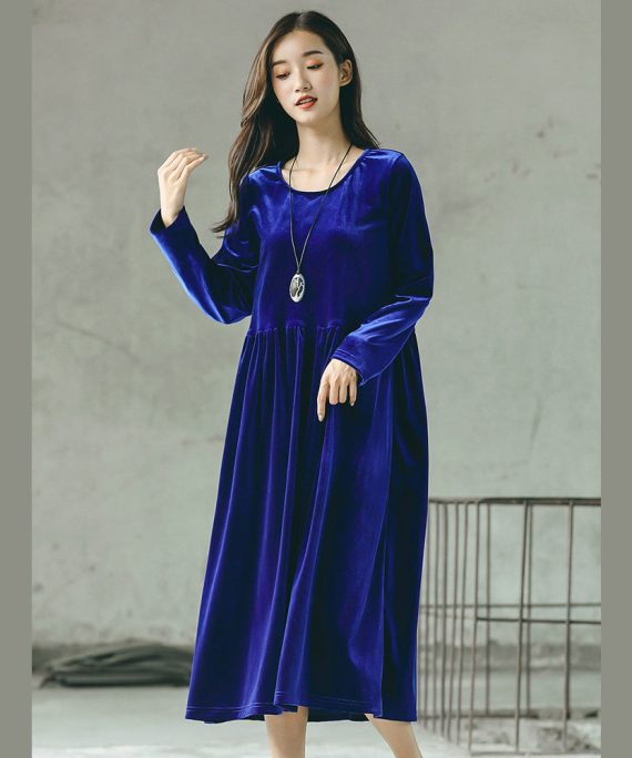 baggy blue natural plus size O neck gown fine baggy dresses