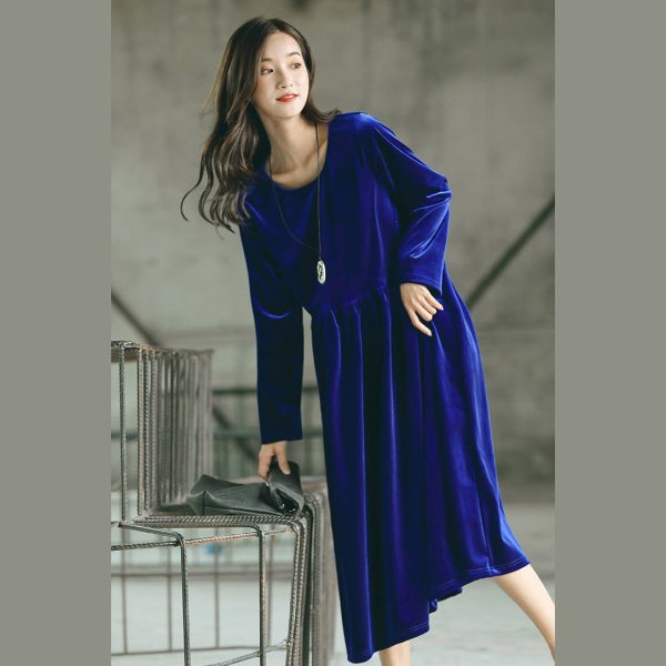 baggy blue natural plus size O neck gown fine baggy dresses - Image 2