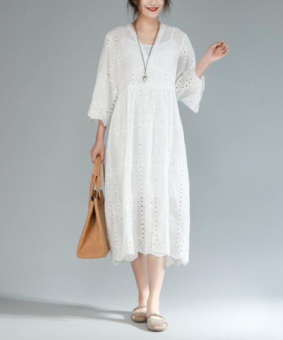 baggy cotton sundress plus size Two Pieces Set V Neck Three Quarter Sleeve White Dress