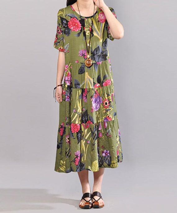 baggy cotton sundress plus size clothing Retro Printed Dresses Summer Short Sleeve Green Dress