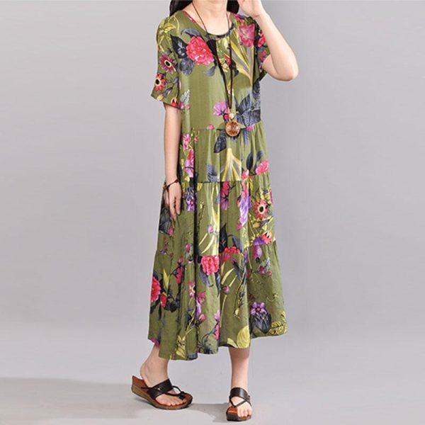 baggy cotton sundress plus size clothing Retro Printed Dresses Summer Short Sleeve Green Dress - Image 2