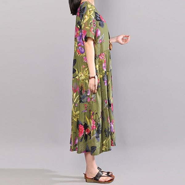 baggy cotton sundress plus size clothing Retro Printed Dresses Summer Short Sleeve Green Dress - Image 3