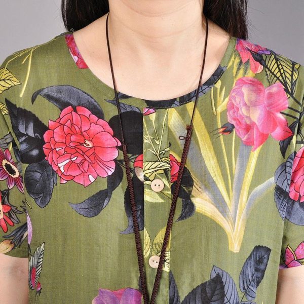 baggy cotton sundress plus size clothing Retro Printed Dresses Summer Short Sleeve Green Dress - Image 5