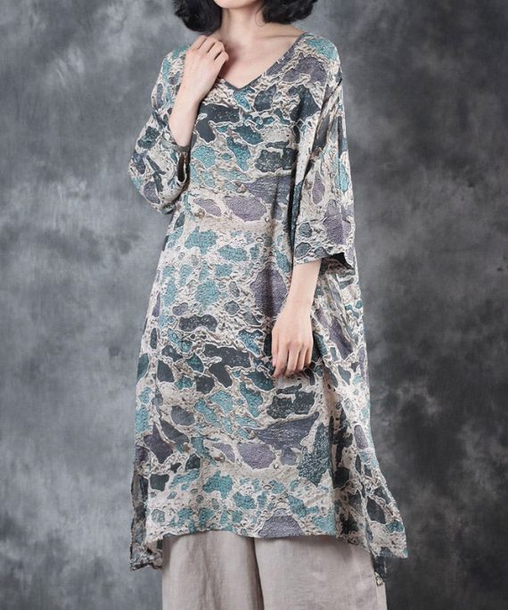 baggy gray Midi-length linen t shirt plus size linen clothing tops New half sleeve v neck side open linen tops