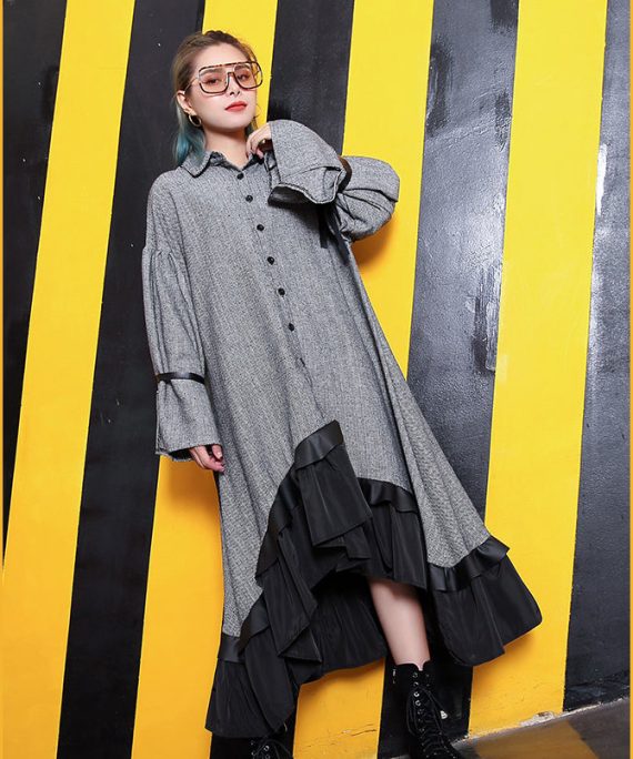 baggy gray lapel patchwork traveling clothing Fine large hem baggy dresses