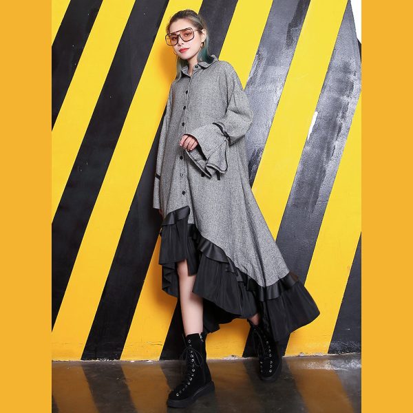 baggy gray lapel patchwork traveling clothing Fine large hem baggy dresses - Image 3