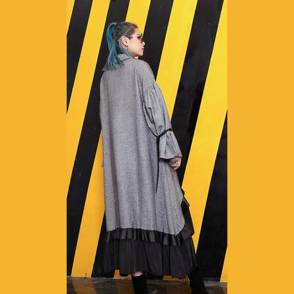 baggy gray lapel patchwork traveling clothing Fine large hem baggy dresses - Image 4