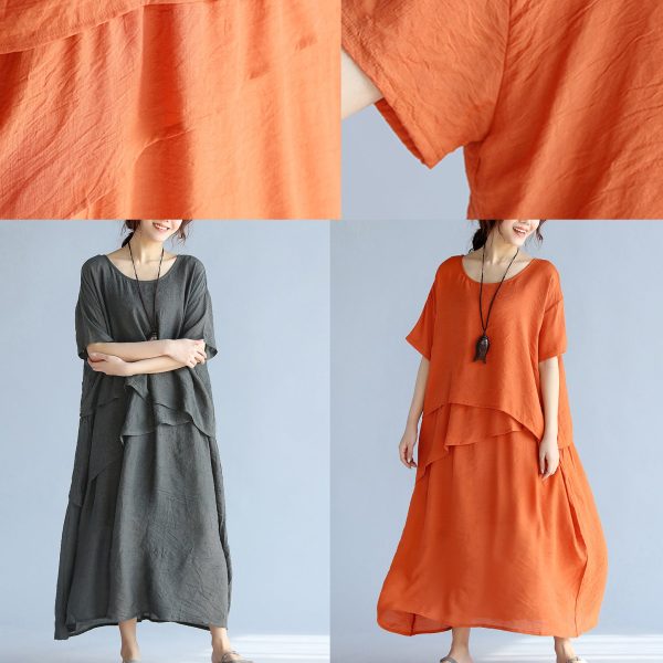 baggy gray long linen dresses oversized layered cotton maxi dress vintage short sleeve cotton clothing - Image 8