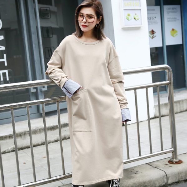 baggy khaki cotton caftans plus size clothing O neck traveling clothing 2018 pockets patchwork autumn dress - Image 2