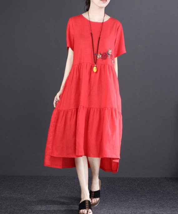 baggy linen sundress stylish Short Sleeve Embroidered Flax Irregular Red Dress