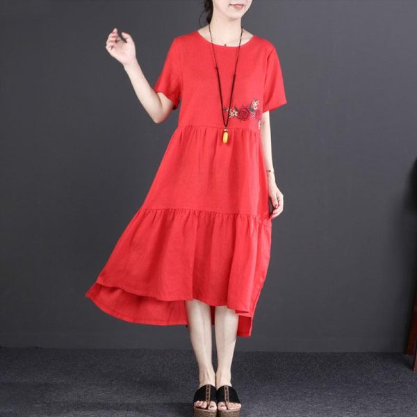 baggy linen sundress stylish Short Sleeve Embroidered Flax Irregular Red Dress - Image 2