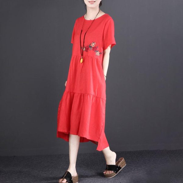 baggy linen sundress stylish Short Sleeve Embroidered Flax Irregular Red Dress - Image 3