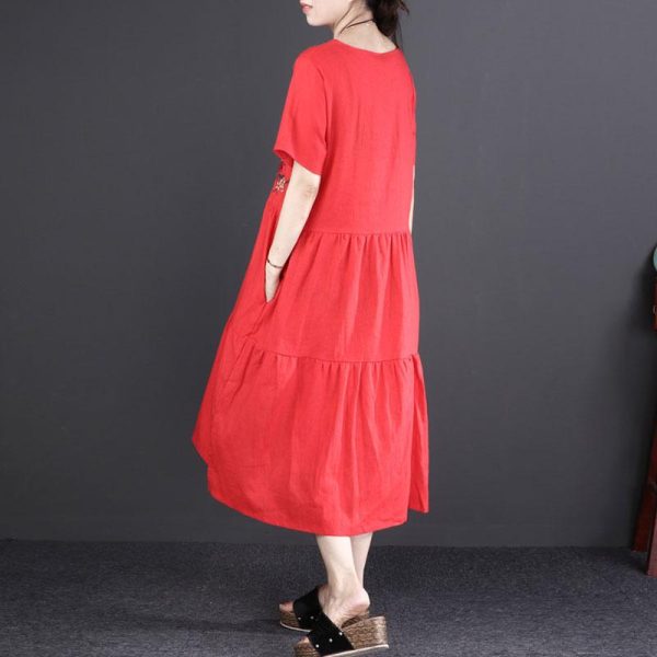 baggy linen sundress stylish Short Sleeve Embroidered Flax Irregular Red Dress - Image 4
