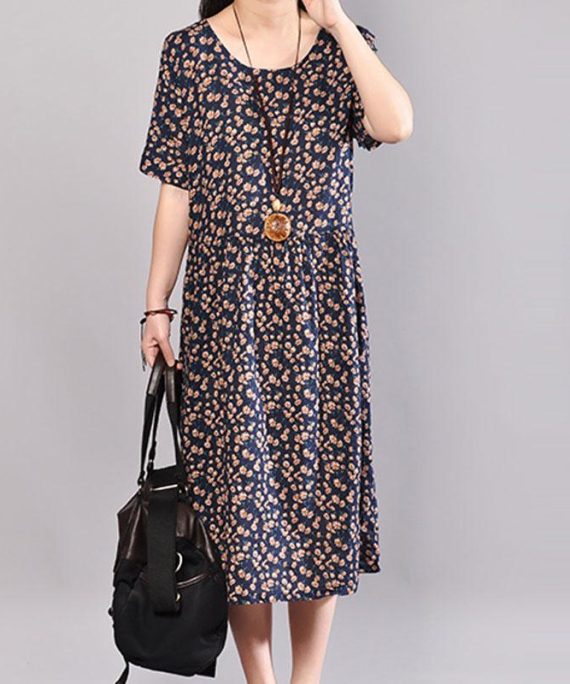 baggy long cotton dress oversized Floral Printed Dresses Summer Round Neck Short Sleeve Dress