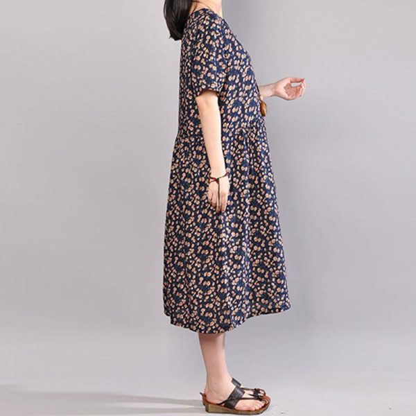 baggy long cotton dress oversized Floral Printed Dresses Summer Round Neck Short Sleeve Dress - Image 3