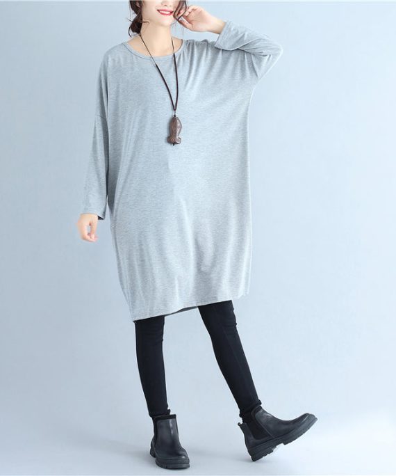 baggy loose gray casual cotton dresses o neck cozy autumn traveling dress
