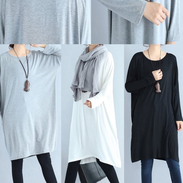 baggy loose gray casual cotton dresses o neck cozy autumn traveling dress - Image 5
