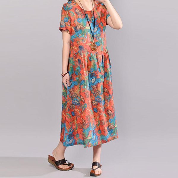 baggy natural cotton dress Loose fitting Short Sleeve Printed Summer Round Neck Dress - Image 2