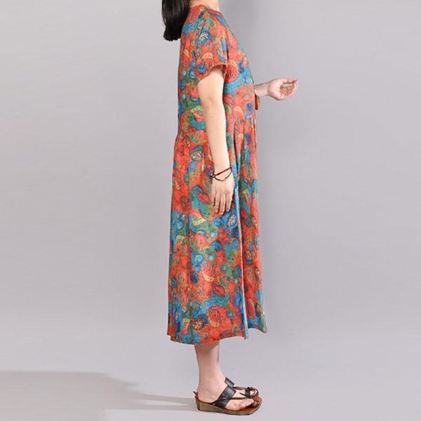 baggy natural cotton dress Loose fitting Short Sleeve Printed Summer Round Neck Dress - Image 3