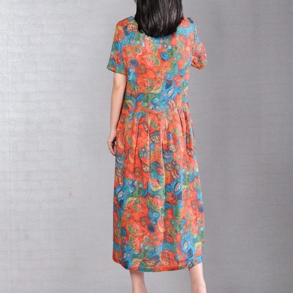 baggy natural cotton dress Loose fitting Short Sleeve Printed Summer Round Neck Dress - Image 4
