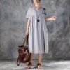 baggy natural cotton dress stylish Loose Short Sleeve Round Neck Gray Pleated Dress