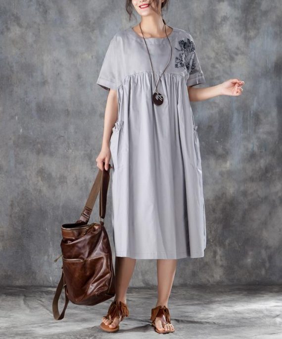 baggy natural cotton dress stylish Loose Short Sleeve Round Neck Gray Pleated Dress