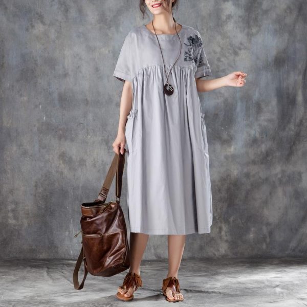 baggy natural cotton dress stylish Loose Short Sleeve Round Neck Gray Pleated Dress