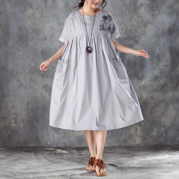baggy natural cotton dress stylish Loose Short Sleeve Round Neck Gray Pleated Dress - Image 2