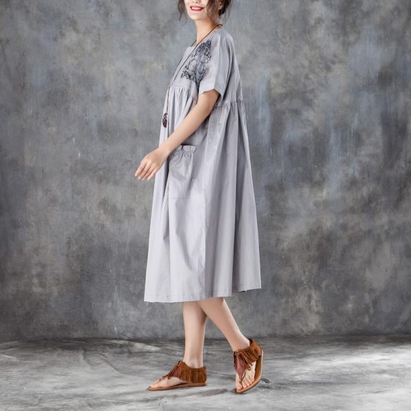baggy natural cotton dress stylish Loose Short Sleeve Round Neck Gray Pleated Dress - Image 3