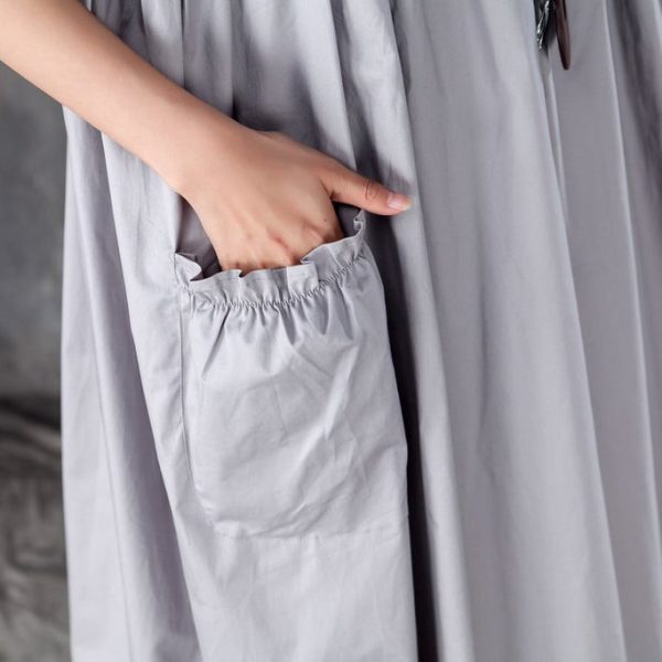baggy natural cotton dress stylish Loose Short Sleeve Round Neck Gray Pleated Dress - Image 5