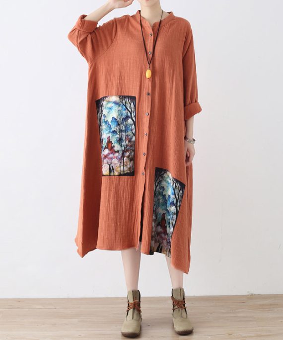 baggy orange long linen shirt dress plus size patchwork gown Fine asymmerrical linen caftans