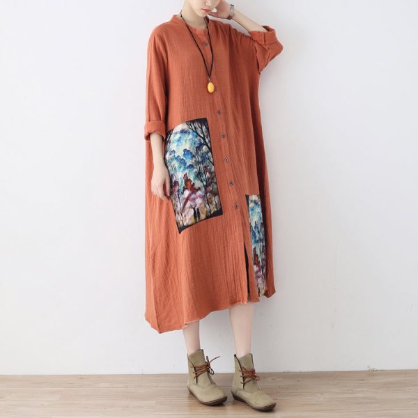 baggy orange long linen shirt dress plus size patchwork gown Fine asymmerrical linen caftans - Image 3