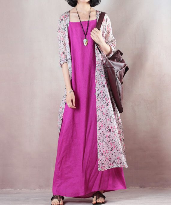 baggy pink print linen dresses plus size v neck side open traveling clothing fine half sleeve linen caftans