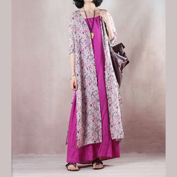 baggy pink print linen dresses plus size v neck side open traveling clothing fine half sleeve linen caftans - Image 2