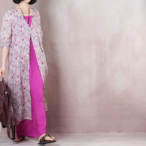 baggy pink print linen dresses plus size v neck side open traveling clothing fine half sleeve linen caftans - Image 3
