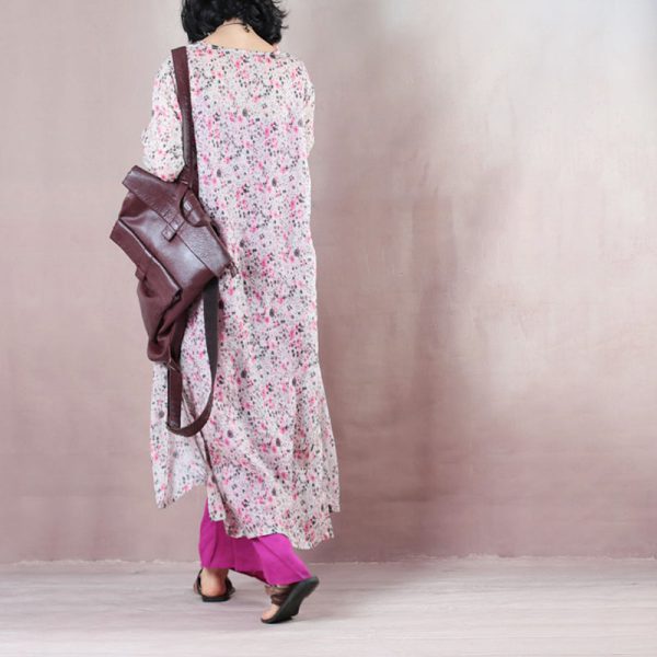 baggy pink print linen dresses plus size v neck side open traveling clothing fine half sleeve linen caftans - Image 4